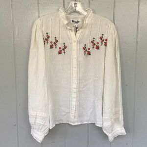 Rouje Hugues buttondown SHIRT blouse top 100% linen Embroidered
